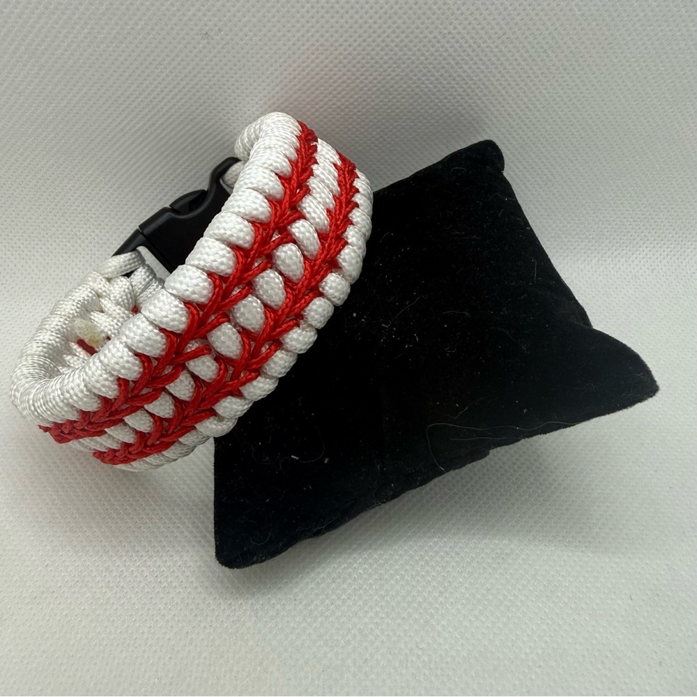 Handmade Baseball Stitch Paracord Bracelet Red & White with Side Release Buckle